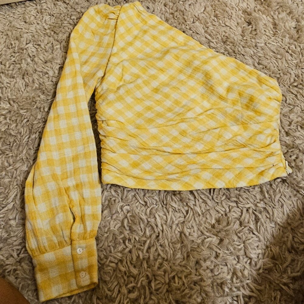 Zara linen one shoulder gingham blouse